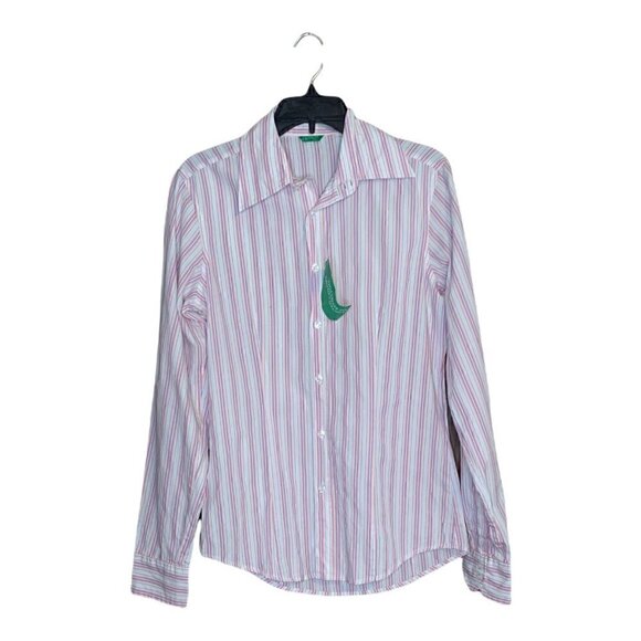Men’s Benetton Long Sleeve Button Up Striped Pink Blouse Medium - Picture 1 of 8